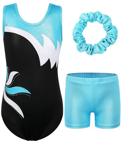 ZNYUNE Mädchen Turnanzug mit hose Haarband Set gymnastikanzug Kinder Shorts trikot turnen Ärmellos/Langarm Kleidung klassisch Turnbody B208 BlackAqua 12A