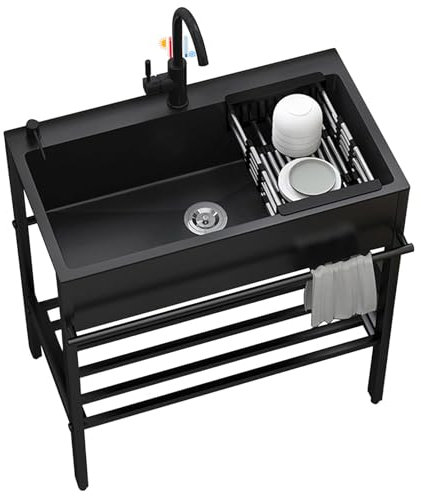 Waschspüle Edelstahl für den Außenbereich, Handwaschspüle, kommerzielle Küche mit Wasserhahn für Geschäft, Küche, Garage, Garten, 80 cm, Schwarz
