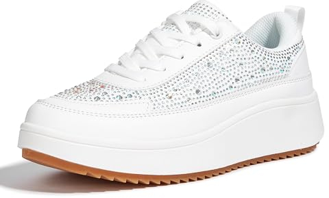 LUCKY STEP Damen-Plateau-Sneaker mit Strasssteinen, Modisch Klobig Lässig Funkelnd Retro-geflochtene Walking Schuhe (weißer Strassstein, 9US-40EU-7UK)