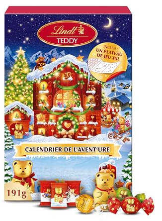 Lindt - Calendrier de l'Avent TEDDY Jeu de Société - Assortiment de Chocolats au Lait et Blancs - Idéal pour Noël, 191g