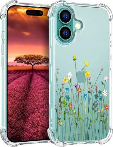Topgraph für iPhone 16 Hülle, Transparent Blume Muster Schutzhülle für Frauen Mädchen Kratzfeste Rückseite HandyHülle Case für iPhone 16 (Wilder Blumenstrauß)