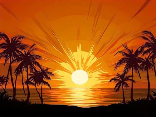 Malen Nach Zahlen Erwachsene Sunset Coconut Tree 70x90cm DIY Handgemalt Ölgemälde Kit für Anfänger und Erwachsene, inklusive Knitterfreie Leinwand, Pinsel und Acrylfarben-Haus Dekor (Rahmenlos) H-715