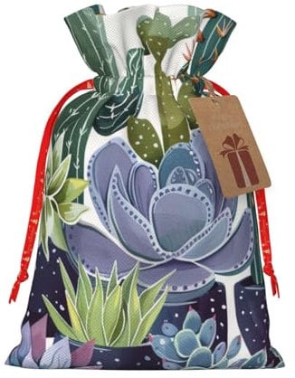 BEIVGOXL Succulent Plant Printed Drawstring Burlap Gift Bag - Eco-Friendly, Delicate Design Reusable Pouches, For Christmas,Birthday Wedding Party Supplies 6.9x4.7inch