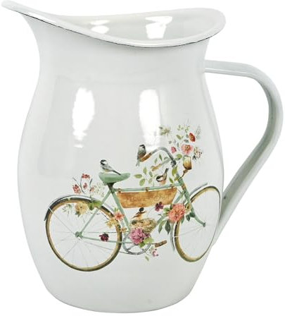 Jarra esmaltada con mango ancho y borde, jarra rústica esmaltada, jarrón de flores y pájaros, jarra de metal de granja, decoración vintage