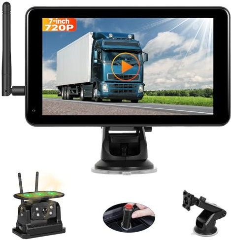 Podofo Solar Rückfahrkamera Kabellos mit 7 Zoll Monitor,720P IP68 Funk Rückfahrkamera Nachtsicht,BSD,mit 10000mAh Akku Wiederaufladbar,Mit Teleskophalterung,Magnetische Basis für LKW Wohnmobil