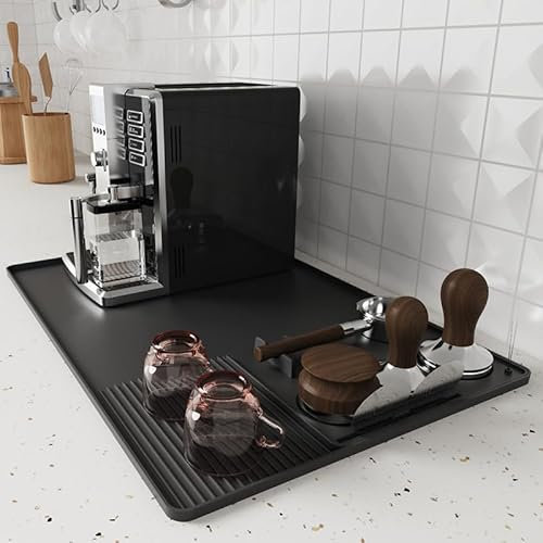 Abulun silicone coffee machine mat and detachable coffee tamper mat 2-in-1 set,coffee machine tray for counter protector with dish drying area