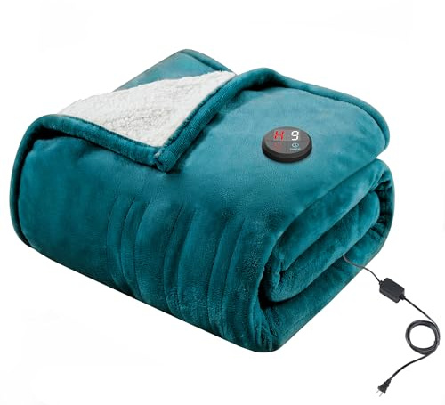 GOTCOZY Electric Blanket Heated Throw 130x160cm- One Touch Electric Throw Blanket with 10 Heating Level & 9 Hours Auto-Off Timer Heating Blanket, Machine Washable (Blue)