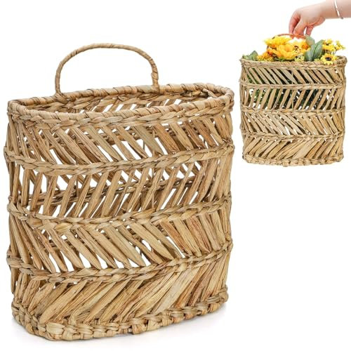 YOUEON Large Woven Hanging Storage Basket, 12x5x14 Inch Natural Water Hyacinth Wall Basket with Sturdy Iron Frame, Handwoven Front Door Flower Baksets for Home Garden, Boho Decor