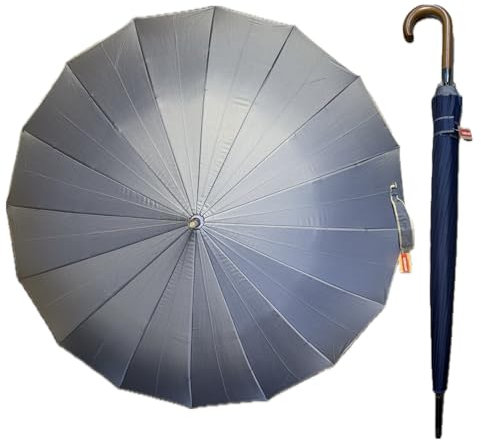 JNR Paraguas Grande XXL Resistente Al Viento,16 Varillas Reforzadas,Paraguas Plegable Antiviento Dama o Caballero, Mujer Hombre Negro, Automático,110cm Diametro MANGO DE MADERA (Azul Marino)