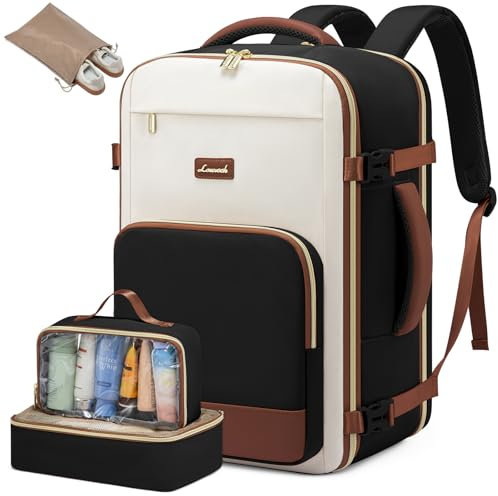 LOVEVOOK Handgepäck Rucksack, 17.3 Zoll Rucksack Handgepäck Flugzeug, Groß Reiserucksack Damen Spritzwasserfest, 40L Travel Backpack für Reise und Business, Urlaub Must Haves - Schwarz Beige Braun