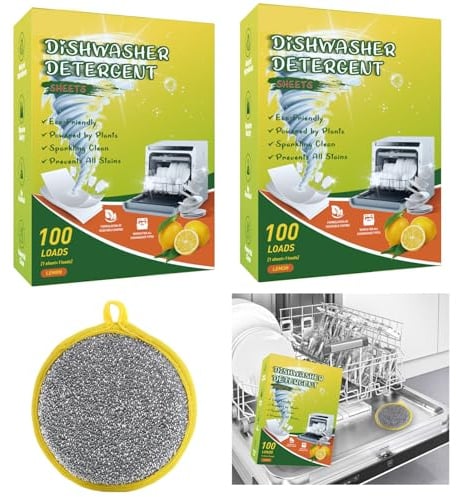 200 Pastiglie per Lavastoviglie, Inclusa 1 Spugna PerLavastoviglie, Pulizia Intensiva, Biodegradabili, Senza Plastica, Pastiglie per Lavastoviglie Antigrasso e Anticalcare, Fresco Profumo di Limone
