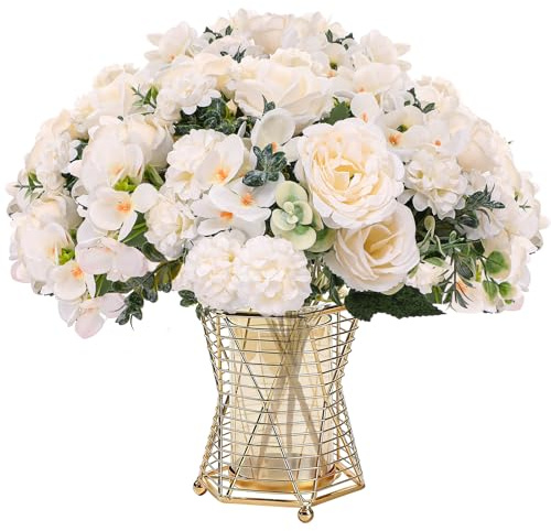 3 Bunches Artificial Roses Peonies White Artificial Flowers, Fake Faux Flowers Bouquet Hydrangea Silk Flores Artificiales for Vase Wedding Party Centerpiece Home DIY Decoration Arrangement -White