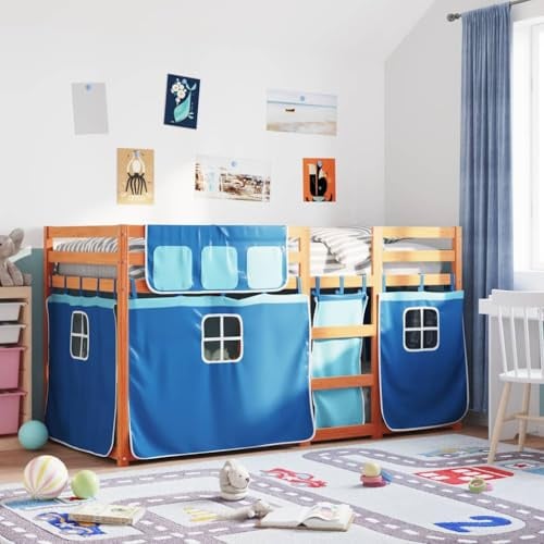 Bucmath Etagenbett mit Vorhängen Blau 80x200 cm, Massivholz Kiefer, stabil, langlebig, mit Leiter, für Kinderzimmer