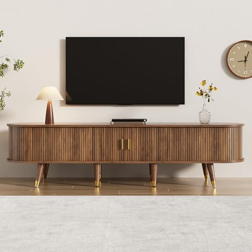 Merax TV-Lowboard mit Schiebetüren, TV-Schrank in Holzoptik, TV-Möbel & Fernsehschrank mit Stauraum – TV-Unterschrank mit offenen Regalen, für Wohnzimmer Walnut 175x38x45cm
