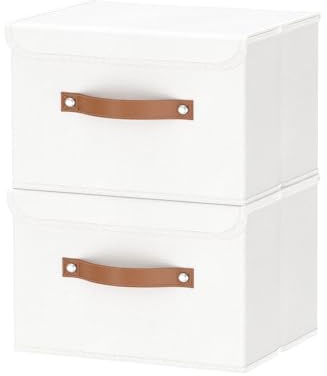 OUTBROS Storage Boxes with Lids 2 Pack, Bins, 26x20x17cm, White | Foldable Storage Organiser Boxes, Storage Basket Bins with Handles, Clothes Organiser, Non-Woven Fabric