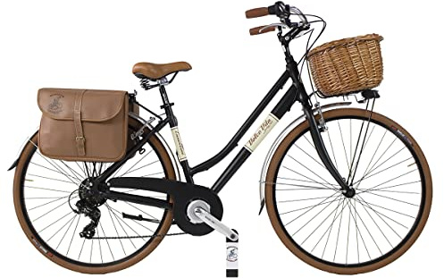 Canellini Bicicletta da Città Vintage Citybike Retrò Dolce Vita Oldstyle Alluminio Donna con Borse e Cesto Ruote 28