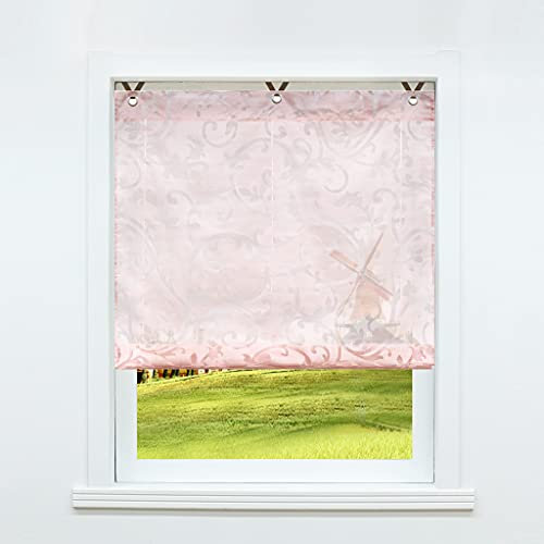 CORLIF Raffrollo ohne Bohren mit Hakenaufhängung Raffgardinen Ausbrenner Gardinen Halbtransparent Ösenrollo Vorhänge mit Blumen Rosa BxH 60x130 cm 1 Stück