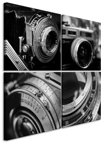 B&D XXL - Wandbilder Set Kamera 80x80 cm 4 Teilig je 40x40 Vlies Leinwandbild Kunstdruck modern Wandbilder XXL Wanddekoration Design Wand Bild mehrteilig Fotoapparat Fotografie Foto grau