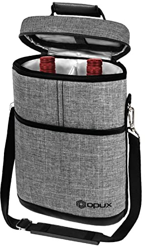 opux 2 Bottle Wine Carrier Tote, Insulated Leakproof Wine Cooler Bag, Wine Travel Bag for Picnic BYOB Beach, Portable Wine Bottle Carrying Case, Gift for Wine Lover Women Men Christmas, Heather Grey