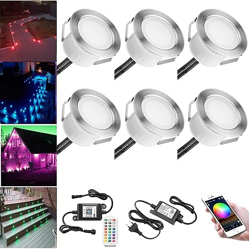 INDARUN WLAN Bodenstrahler Außen 6er Set, RGB+WarmesWeiß, Kompatibel mit Alexa,Google Home, LED Bodeneinbaustrahler Aussen, IP67 Wasserdicht, DC12V, Ø45mm, Terrassenbeleuchtung, Bodenleuchten Auße