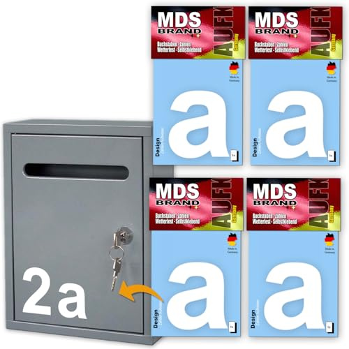 MDS Brand Design 10cm Buchstaben Aufkleber | Selbstklebende Klebezahlen für Briefkasten, Mülltonne, Hausnummer Aufkleber für Außen & Innen Weiss (4x-a)