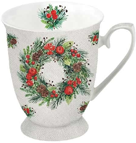 Ambiente - Luxury Paper Products Porzellanbecher Wreath on Linen Kranz Becher Bone China 0,25l Kaffeebecher Weihnachten