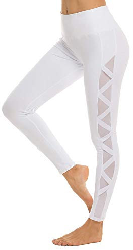 romansong Damen Mesh Leggings Yoga Hose mit Tasche Nicht Durchsichtig Capri Hohe Taille Bauch Kontrolle 4-Wege-Stretch - Weiß - Groß
