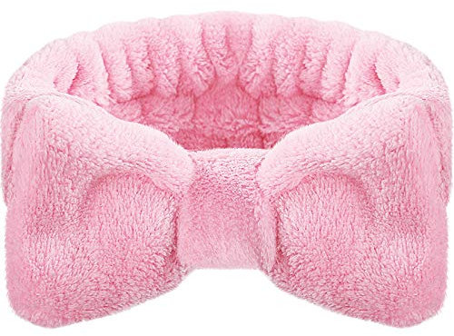 Bowknot Haarbänder Weich Makeup Stirnband Koralle Vlies Haarband Gesicht Waschen Haarwickel Spa Stirnband Elastisch Kopfwickel für Frauen Mädchen (Hellrosa)