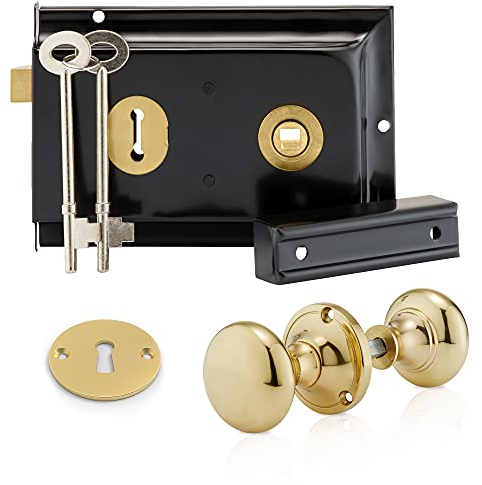 XFORT : Serrure traditionnelle noire de gamme supérieure 6 x 4 avec bouton en laiton poli, serrure de porte de surface avec loquet, serrure de hangar avec clé, serrure de portail de jardin vintage.