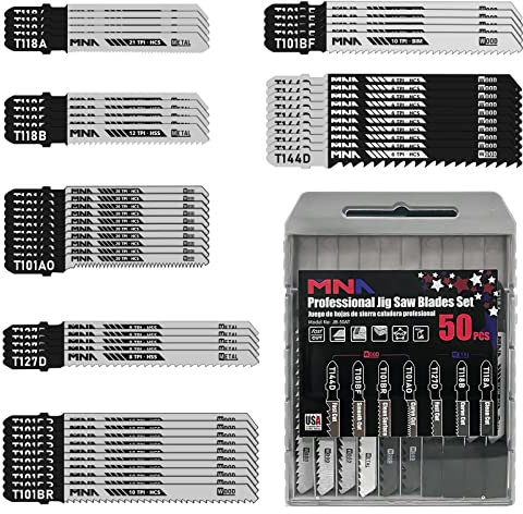 MNA Multi-Purpose Jig-Saw Blades, 50 Pieces, Assorted Jig Saw Kit Value Pack for Wood, Plastic and Metal Cutting with Carry Case