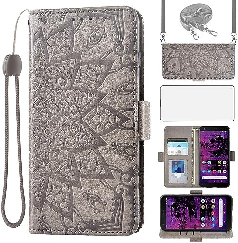 Asuwish Handyhülle für Cat S62/S62 Pro Hülle mit Band und Glas Schutzfolie Folie Kartenfach Klappbar Leder Geldbörse Ständer S 62 62S Panzerfolie Handyhüllen Hüllen Mandala Schutzhülle Phone Case Grau