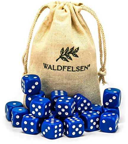 Waldfelsen 6, 12, 20, 30 oder 50 hochqualitative Würfel Standardgröße 16 mm Acrylwürfel Knobel Spielwürfel Dice 6-seitig sechsseitig Spielzubehör Set mit Stoffbeutel (Blau, 20 Stück)