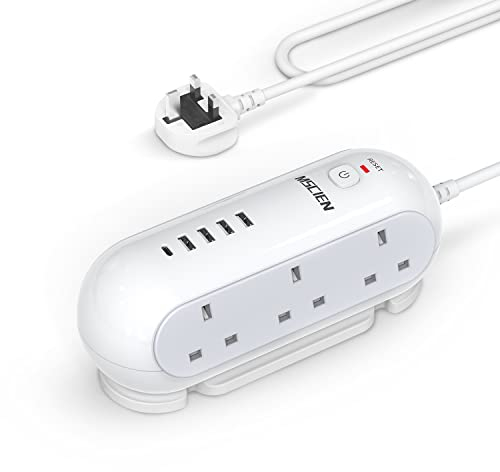 Mscien 5M Extension Lead with USB Slots, 6 Way Sockets 5 USB(1 USB- C and 4 USB-A Port) with 5 Metres Extension cord, 3250W Overload Protection, Security Surge Protection Plug Extension Socket