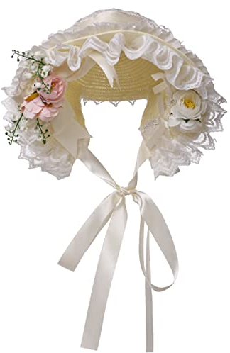COSDREAMER Girls Women Victorian Bonnets Lace Flowers Tea Party Hats (White)