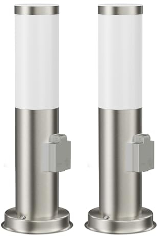 ledscom.de 2 pièces Lumière de chemin/Borne d'éclairage PORU pour l'extérieur, IP44, 38 cm, inox, 1x E27 max. 40W, prise de courant