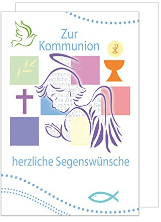 Edition Seidel Premium Glückwunschkarte zur Kommunion mit Umschlag. Kommunionskarte Karte Grusskarte Engel Kreuz Kelch Taube Junge Mädchen (KO181 SW023)