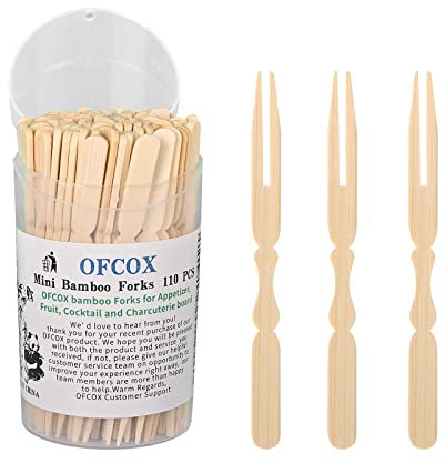 OFCOX Mini Bamboo Forks 3.5 Inch, [110 PCS] Disposable Wood/Wooden Appetizer Forks, Tiny/Small Food Picks for Fruit, Cheese, Charcuterie, Cocktail, Snacks, Desserts, Party Toothpicks for Appetizers.