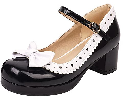 Women Block Heel Mary Jane Shoes, Mid Heel Pumps Round Toe Buckle Dress Pumps with Platform Bows Fashion Ijmedb Black Size 6 Uk/40