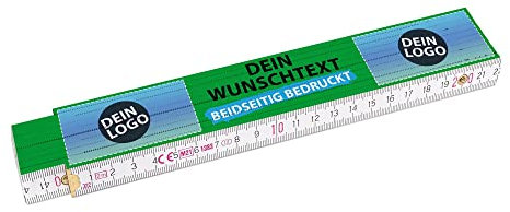 2 Meter Zollstock bedrucken mit Text und 2 Logos - Beidseitig bedruckter Zollstock mit Namen und 2 Logos personalisierte Werbeartikel, Werbegeschenke | Buchenholz, Hintergrund Grün, 100 Stk.