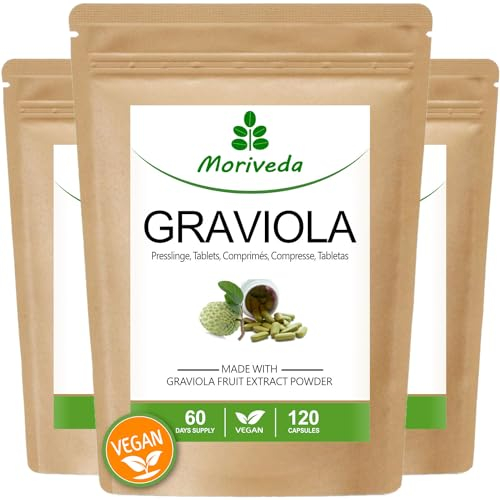Graviola Tabletten 2000mg - 6 Monate Vorrat - Natürlicher Graviola Frucht Extrakt mit Vitamin C und Antioxidantien - hochdosiert, vegan und glutenfrei - 360 Presslinge von MoriVeda
