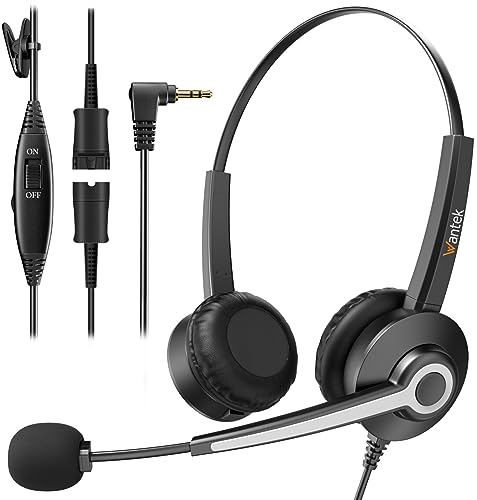Wantek Cuffie Telefono Cordless Binaurale con Microfono a Cancellazione del Rumore, Auricolare Ufficio per Polycom Siemens Gigaset Cisco Linksys SPA Telefoni Fisso con Jack da 2,5 mm(682QJ25D)