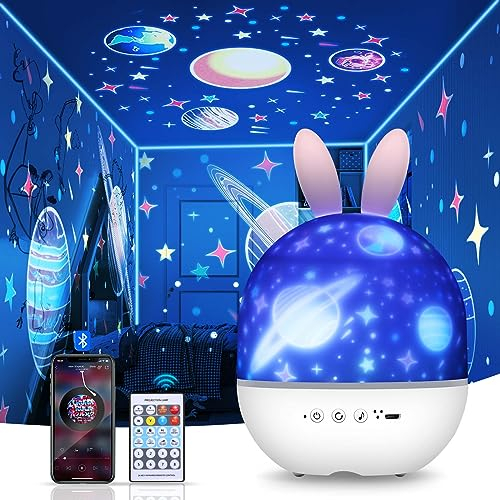 ALLOMN LED Sternenhimmel Projektor Kinder, Dimmbar LED Musik Nachtlicht Lampe mit 6 Projektionsfilmen, 360° Drehbar Bluetooth Spieluhr Projektor mit Fernbedienung Geschenk für Baby Mädchen Junge