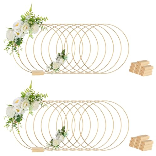 NUPTIO Metallring Tischdeko Hochzeit mit Ständer: 20 Stück 30cm Goldenen Metalldraht Metallringe Kranz Große Makramee Runden Kreis Kleine Hula Hoop Reifen für Handwerk Tafelaufsatz Dekorationen
