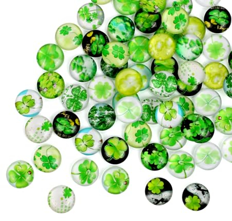 TRUEIN 100PCS Decorative Glass Cabochons Granulates 12mm, Printed Half Glass Cabochons with Clover, Colorful Mosaic Four Leaf Dome Cabochons, Glass Cabochons Flat Back for Pendant Jewelry
