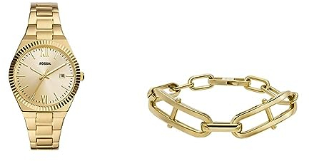 Fossil Damenuhr Scarlette und Kettenarmband Heritage D-Link - DREI-Zeiger-Datum, goldfarbener Edelstahl