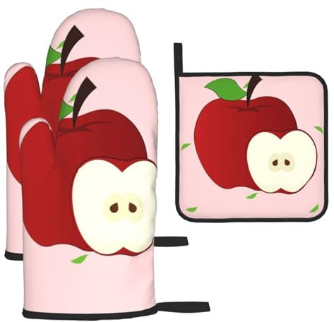 YYHHAOFA Ensemble de maniques et maniques à motif pomme rouge dessin animé – Isolation épaisse et anti-brûlure 2 gants isolants et un tapis de couvercle