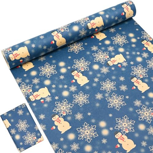 OTMVicor Rouleau de papier cadeau de Noël recyclable, 15 m x 43 cm, bleu marine, imprimé avec étoile, flocon de neige, bonhomme de neige pour emballage cadeau de Noël, décoration de fête