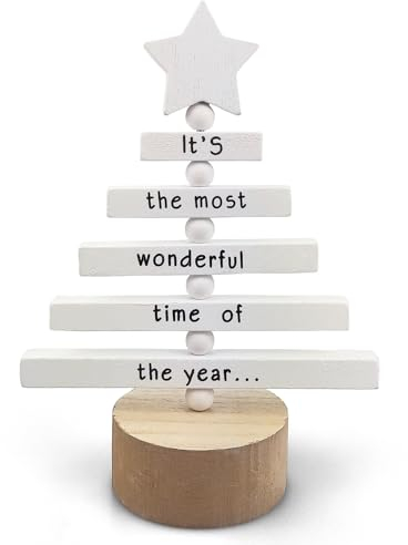 Netuno 1 Stück Deko Tannenbaum aus Holz Weiß 17 cm Deko Holzbaum mit Schriftzug Dekofigur Weihnachtsbaum Naturholz Holztannenbaum Weihnachtsdekoration Holz zum Aufstellen Christbaum klein
