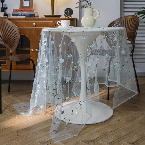 Weiße Spitze Tischdecke Vintage Tüll Fotografie Hintergrund, Transparent Voile Tischtuch Mit Stickerei Florale Muster, Rechteckige Hochzeits Tischdecke Für Kaffee Party Home Decor (150 x 150 cm,05)