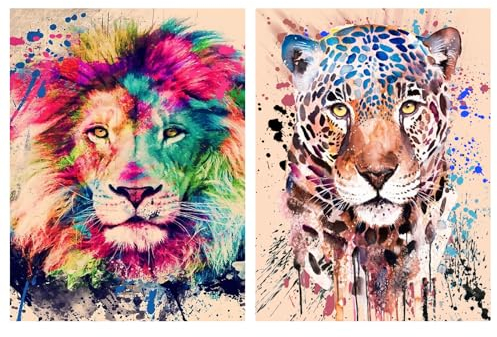 milaosk 2 Stück 5D Diamond Painting Erwachsene Kinder,Diamant Painting Löwe Leopard Bilder,DIY Diamond Painting Set Kunsthandwerk für Home Wand Décor (30x40cm)